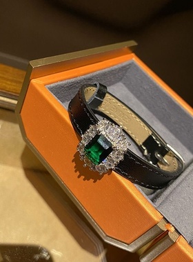 绿色方钻简约复古vintage祖母绿方钻皮带手带手链宝石表带夸张