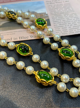 中古项链毛衣链叠带绿色琉璃珠珠宫廷风vintage轻奢复古