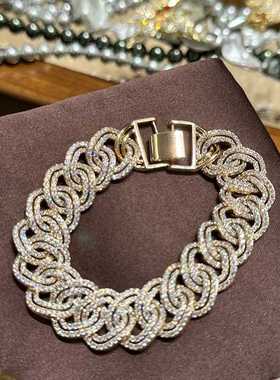 非常重工奢华的古巴金色大锁链手链女满镶锆石珠宝风链条精致高