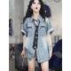 ເສື້ອຢືດ denim ແຟຊັ່ນເອີຣົບແບບກະເປົ໋າສອງຊັ້ນຊັກອອກໃນລະດູຮ້ອນຂອງຜູ້ຍິງ ເສື້ອຢືດແຂນສັ້ນ ເສື້ອຢືດແຂນສັ້ນທີ່ທັນສະໃໝ