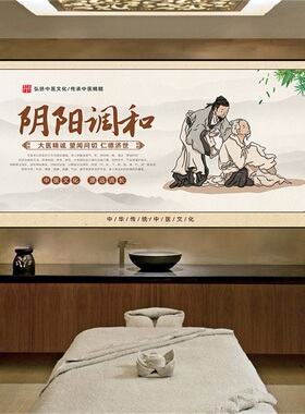 中医养生背景墙壁画望闻问切海报