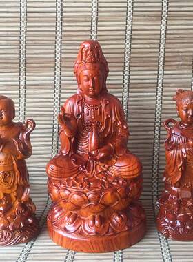 金匠大作坐莲善财童子龙女金童玉女中式实木客厅摆件工艺品