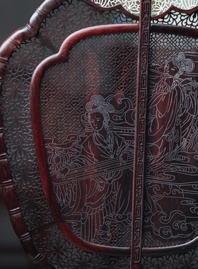 金匠大作紫檀镶嵌银丝宫廷扇镂空摆件红木工艺品清香扇子中式客厅