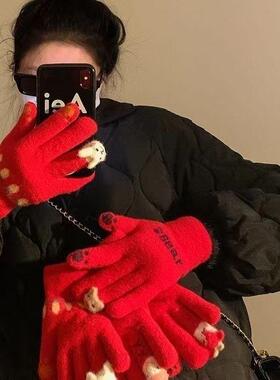 红色毛线手套女冬季可爱卡通针织可触屏保暖骑车防冻五指圣诞手套