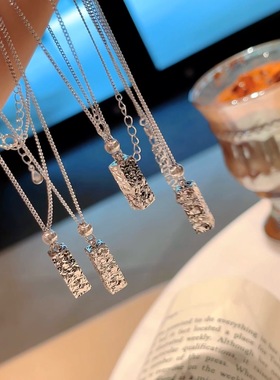 纯银s925几何方块碎碎冰四方来财银砖吊坠男女项链法式项链送女友