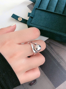 99足银开口戒指有求必应光面纯银个性女网红圆珠银球时尚潮流单戒