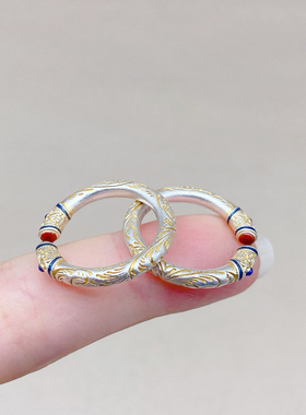 9999纯银描金唐草纹戒指女足银心经哑光实心开口复古新中式银指环