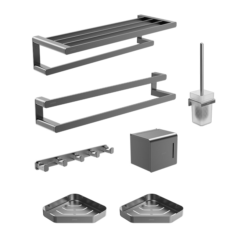 九牧卫浴枪灰色浴巾架毛巾架五金挂件免打孔套装浴室置物架939463