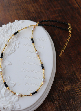 简约百搭黑水晶天然淡水珍珠项链简约设计感轻奢小众设计锁骨链女