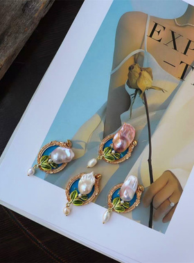 设计师花朵流苏画框大巴洛克淡水珍珠法式油画风气质项链吊坠女