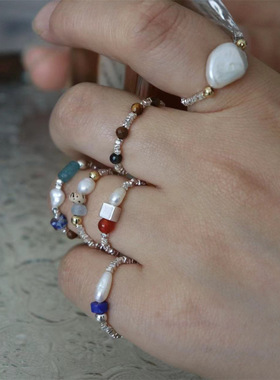 925镀银碎银子几两戒指轻奢淡水珍珠天然石小众设计叠戴弹力戒指