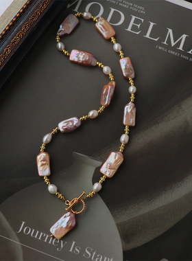 厂家直供淡水巴洛克方块紫色珍珠项链欧美夸张大方颈饰珠宝项链女