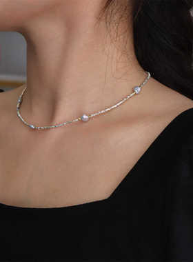 suu 新款气质通勤项链小众轻奢高级感满天星淡水珍珠碎银子锁骨链