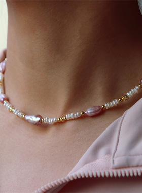 异形巴洛克浅紫色无核淡水珍珠项链轻奢饰品小众设计感锁骨链女