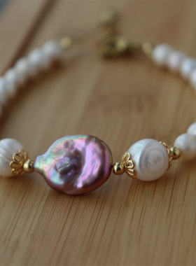 天然珍珠手链项链高级感淡水紫色巴洛克手串设计感复古饰品批发