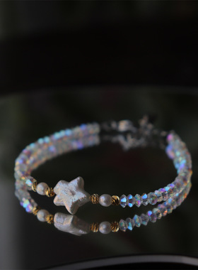 新款轻奢感天然淡水珍珠闪飞碟水晶手链小众设计星星手串手饰