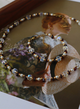 设计新款复古简约夏季小清新天然石榴石混搭仿珍珠切面水晶珠