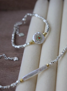 设计款 925镀银新中式花钿天然淡水珍珠碎银子轻奢小众撞色手链