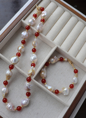 新中式复古7A红玛瑙天然淡水大巴洛克珍珠设计感项链锁骨链毛衣