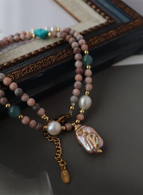 跨境时尚轻奢感百搭串珠天然石真珍珠项链高级感女小众夏日热卖