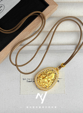 古法金黄财神吊坠沙金2025新款男女编绳挂坠吉祥如意佛牌编绳项链