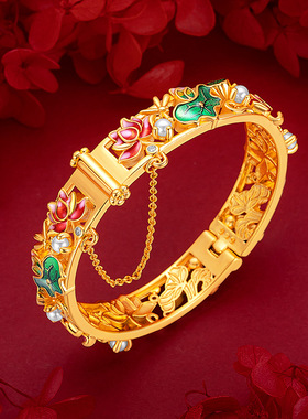 民族风珐琅荷花手镯 越南沙金宫廷风烧蓝珍珠莲花卡扣大手镯