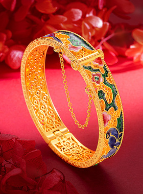 宫廷复古风花丝珐琅喜鹊手镯 镀金女款烧蓝喜上枝头梅花沙金手镯