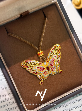 越南沙金点钻镂空花丝满钻双层蝴蝶吊坠女新中式毛衣链送闺蜜礼物