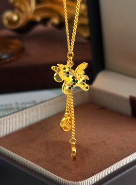 沙金爆闪暴富马上有钱项链轻奢设计感碎冰独角兽飞马铜钱流苏项链