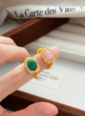 DIY复古小金圈路绿玉髓小盘缠戒指女民族风红宝石碎碎金沙金指环