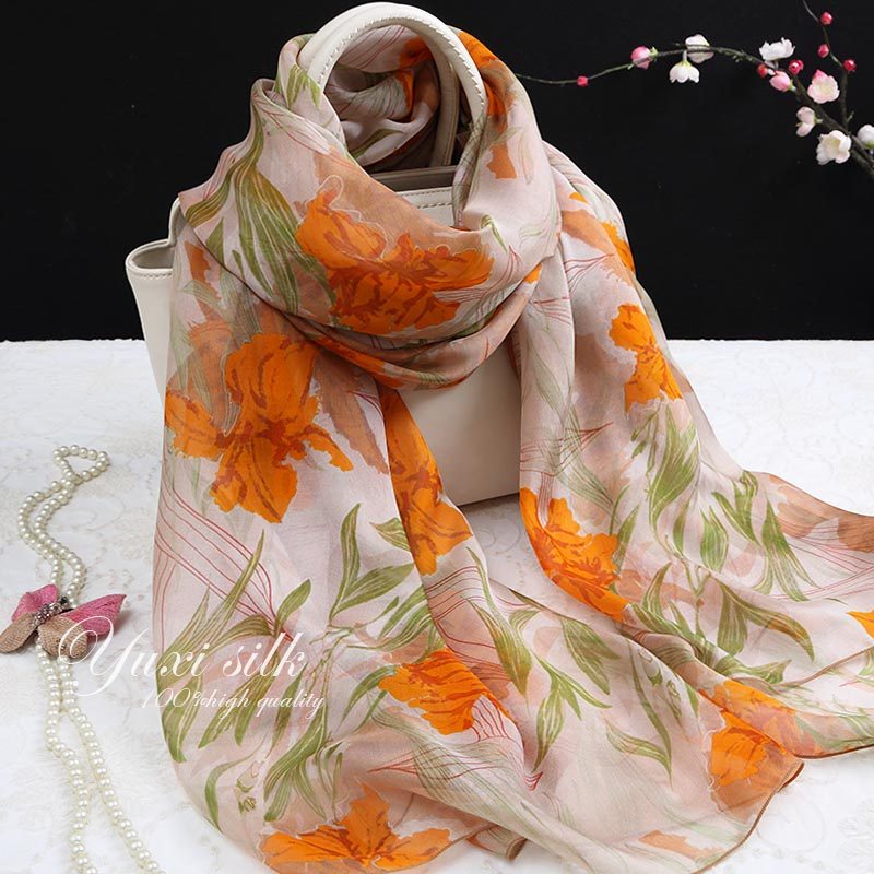 黄色鸢尾花100%桑蚕丝长款真丝丝巾披肩女士春秋冬夏季丝绸围巾,淘宝优惠券,粉丝福利购,淘宝优惠卷