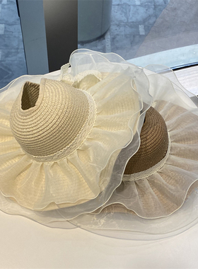可扎马尾空顶草编帽子女夏季蕾丝