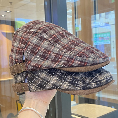 美式复古格子前进帽女春秋季新款鸭舌帽小众文艺显脸小报童画家帽 - 图0