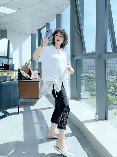 Large Size Thin Stretch Casual Lace High Waist Cropped Pants