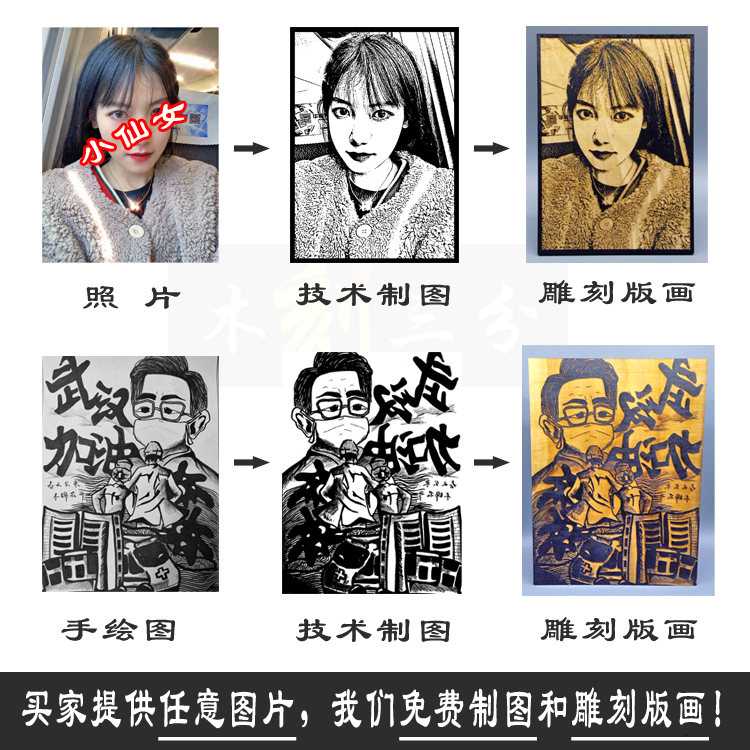 黑白木版画定制木刻画照片木雕版画拓印模板年画雕版活字印刷作品-图0