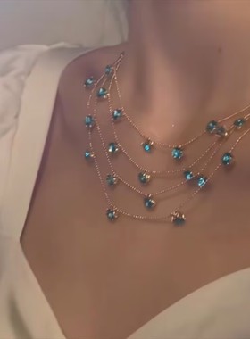 精致多层叠戴多彩锆石锁骨链