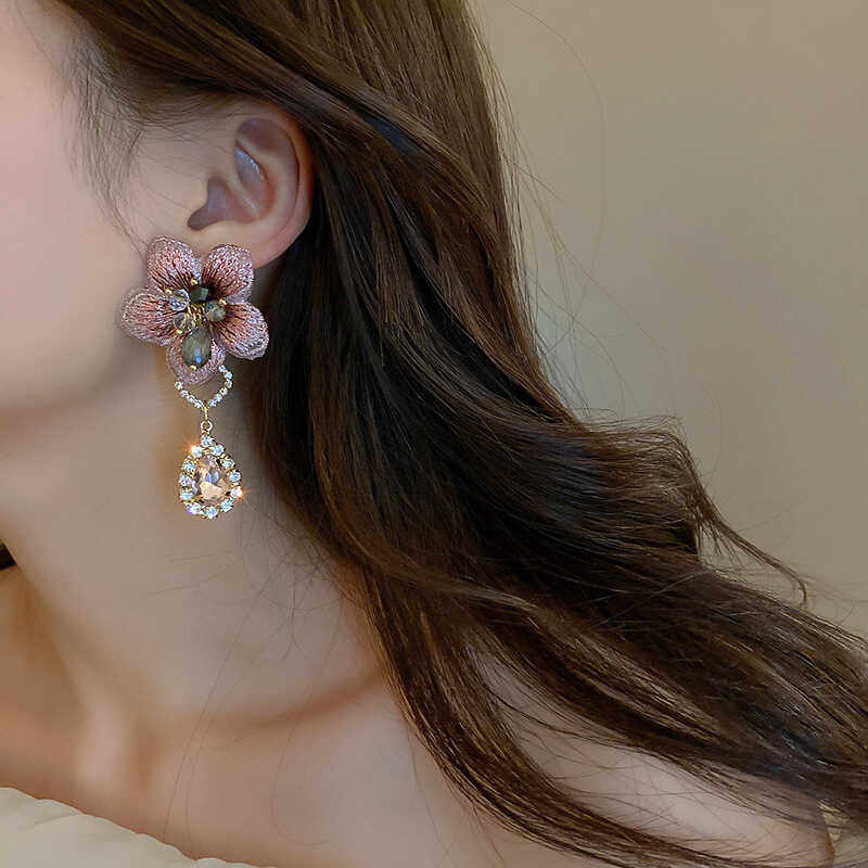 粉色刺绣蕾丝花朵不对称水滴耳环韩国夸张小香风耳钉耳坠甜美耳饰,淘宝优惠券,粉丝福利购,淘宝优惠卷