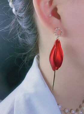 红色花瓣耳环女长款流苏耳坠
