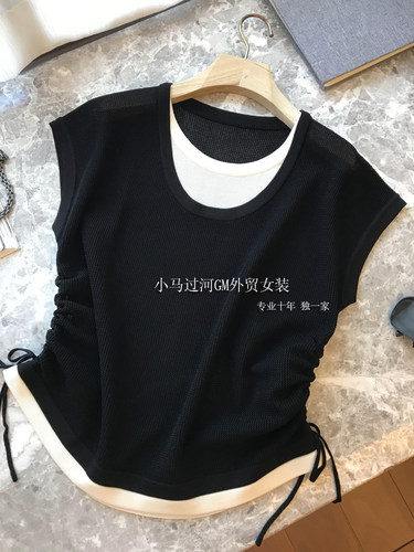 上身巨显瘦！！！时髦法式条纹撞色抽褶镂空假两件短袖针织衫女夏 - 图0