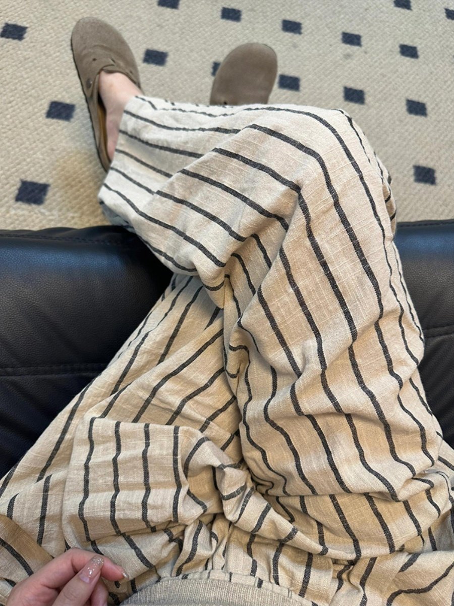 日系棉麻条纹裤女夏季山本裤慵懒休闲松弛感裤子凉凉裤亚麻阔腿裤,淘宝优惠券,粉丝福利购,淘宝优惠卷
