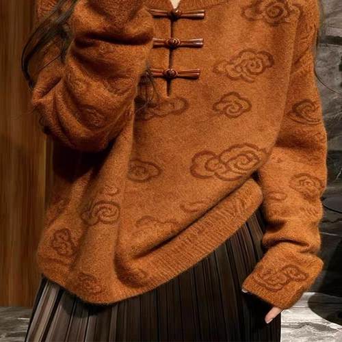 牛X货 巨炸裂！棕色新中式国风毛衣女秋冬高级感宽松内搭针织上衣 - 图0