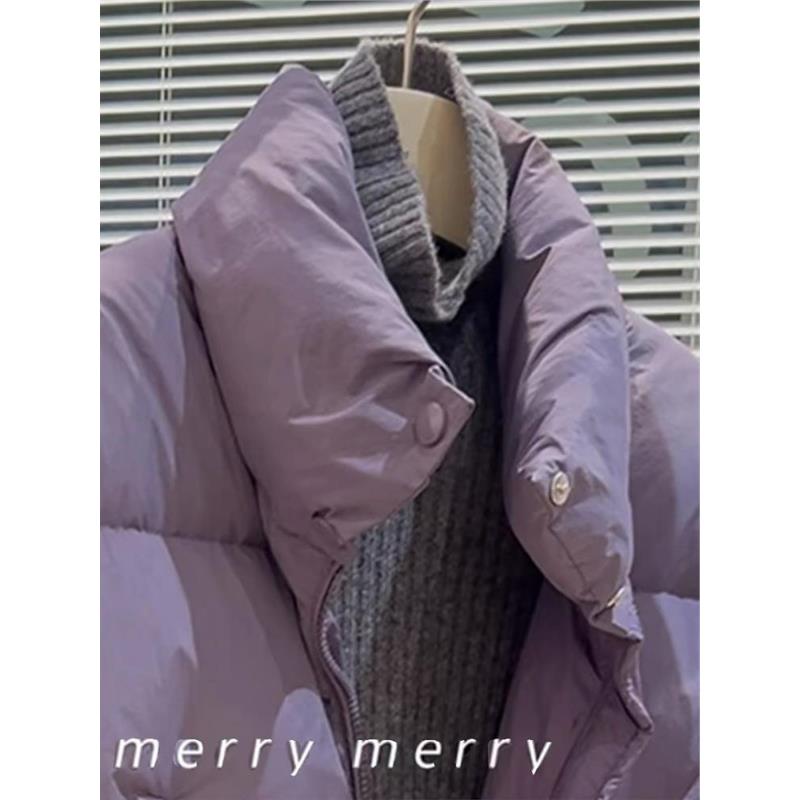 牛X货 巨炸裂！紫色短款羽绒服外套女冬季宽松立领白鸭绒背心马甲 - 图0