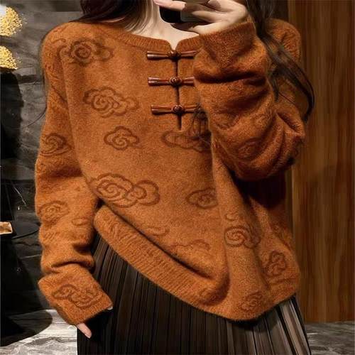 牛X货 巨炸裂！棕色新中式国风毛衣女秋冬高级感宽松内搭针织上衣 - 图3