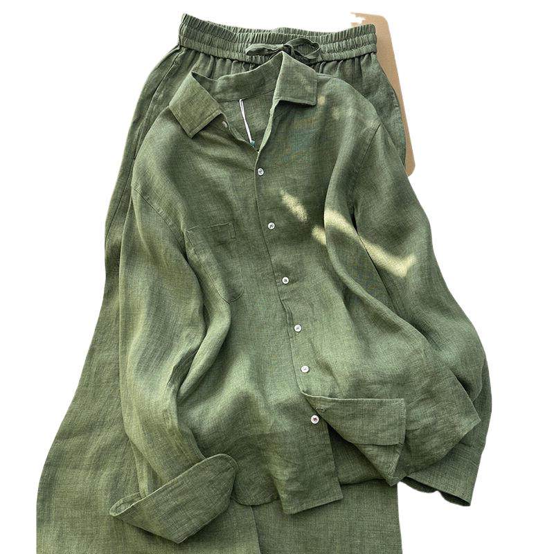 牛X货 巨炸裂！苔藓绿翻领单排扣亚麻衬衫+阔腿裤两件套女早春,淘宝优惠券,粉丝福利购,淘宝优惠卷