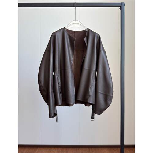 时髦弯刀袖  荔枝纹绵羊皮外套女休闲宽松真皮皮衣设计感系带开衫 - 图0