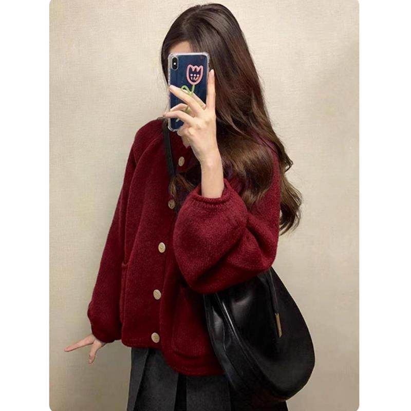 挚爱推荐！秋季酒红色毛衣外套女宽松慵懒高级感洋气减龄针织开衫,淘宝优惠券,粉丝福利购,淘宝优惠卷