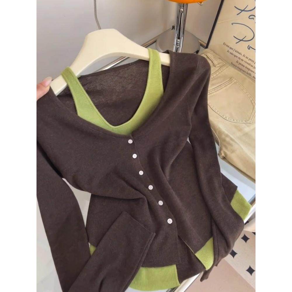 巨推荐！2025秋季新品棕色长袖针织开衫女韩版V领显瘦百搭假两件