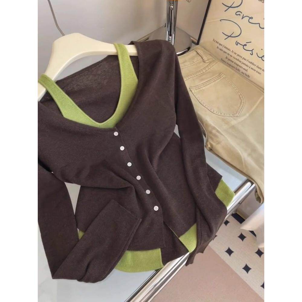 巨推荐！2025秋季新品棕色长袖针织开衫女韩版V领显瘦百搭假两件