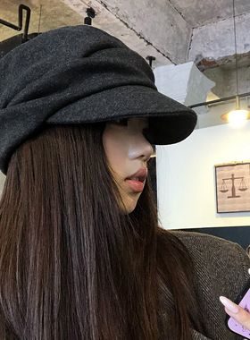 黑色褶皱贝雷帽女秋冬显脸小