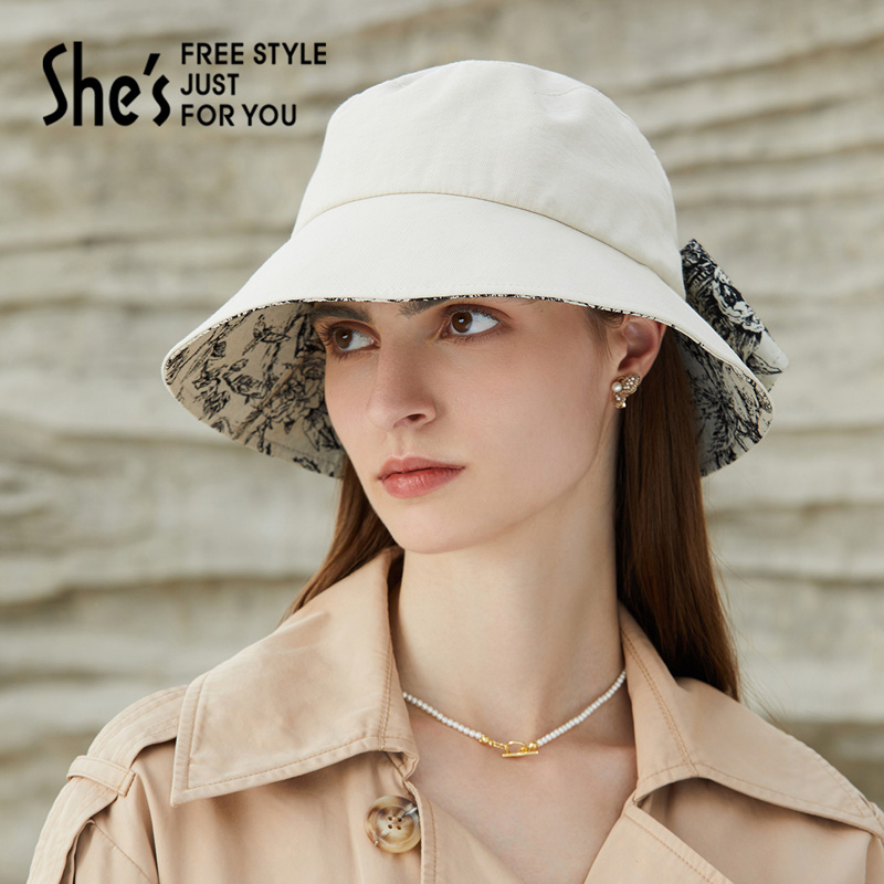 shes茜子轻简柔软花卉提花蝴蝶结渔夫帽女大檐遮阳显脸小帽子